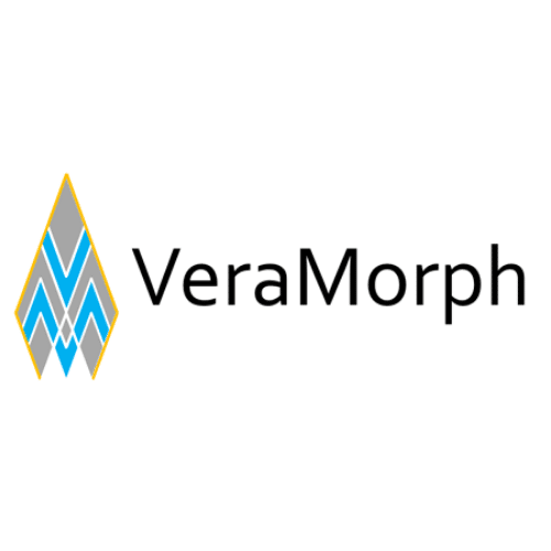Veramorph Logo Gray, White, Blue, and Yellow Diamond With Black Text